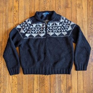 Vintage 90's Polo Ralph Lauren Handknit Tribal Geometric Print Full Zip Cardigan